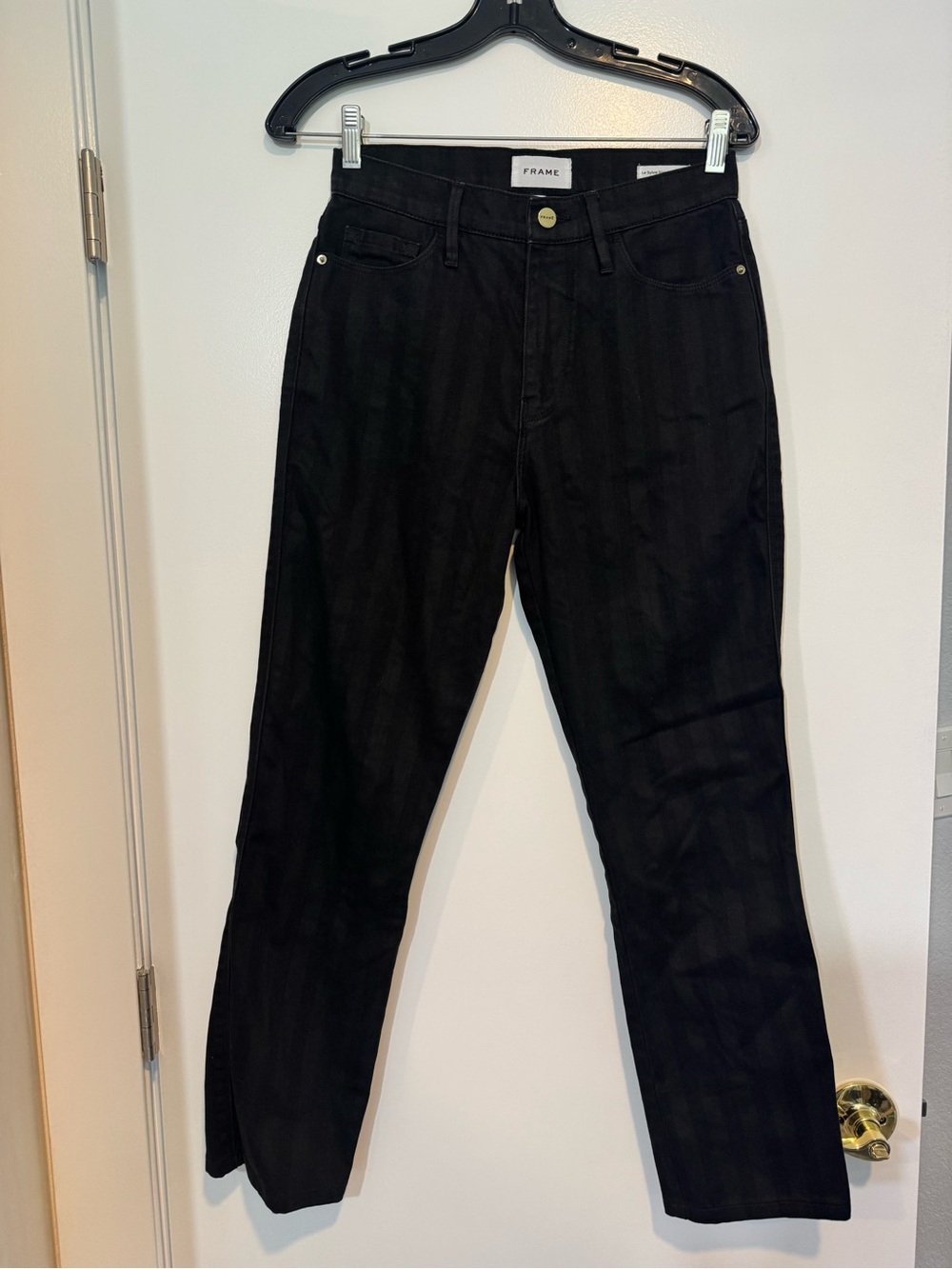 FRAME Le Sylvie Slender Straight Tonal Stripe Jeans - Black - Size 26